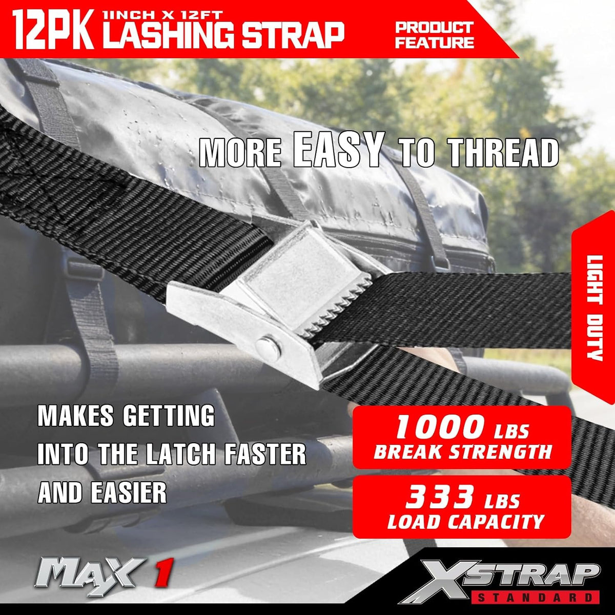 XS61093 Cambuckle Tie Down Strap 12-PK 1" x12' Cargo Lashing Straps 1000 lb Break Strength 1-inch Powersports Tie Down with Carry Bag for Securing Luggage Motorcycles Trailer Rack Kayak, Black