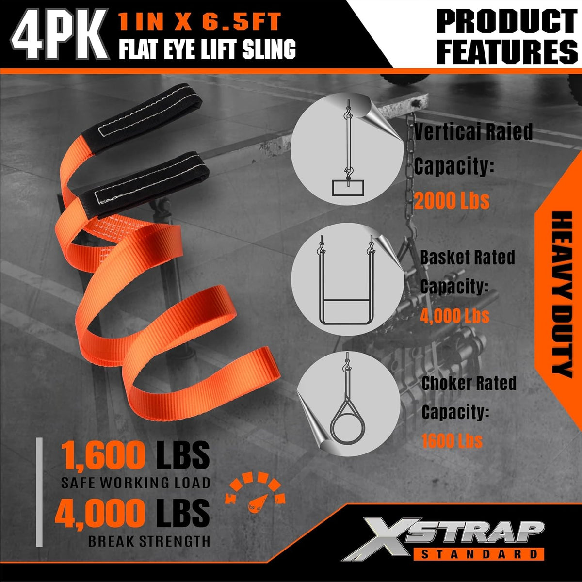 XS16097-4PK 1"x6.5ft Lifting Sling Straps 2000 lb Vertical Capacity 1600 lbs Choker / 4000 lbs Basket Capacity, 5:1 Safety Factor Polyester Web Slings for Rigging, Hoist, Tree Stump Removal