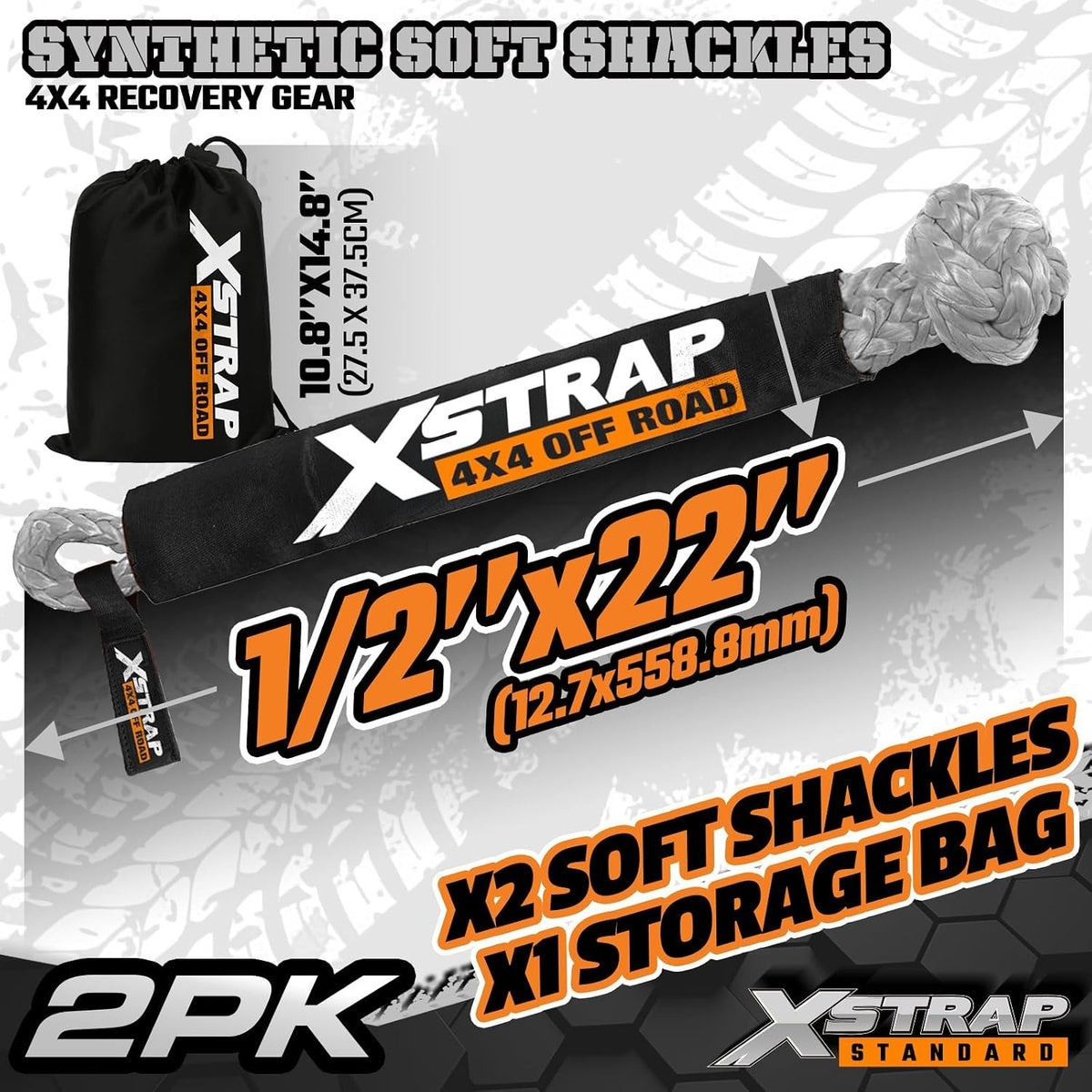XS16094-Grey Soft Shackle 2 Pack - 1/2” x 22” 46000 Lbs Tow Recovery, Synthetic Shackle Rope, Heavy Duty Recovery Gear for Towing, Winch, Jeep, ATV, UTV, Truck, Off-Road (Grey)