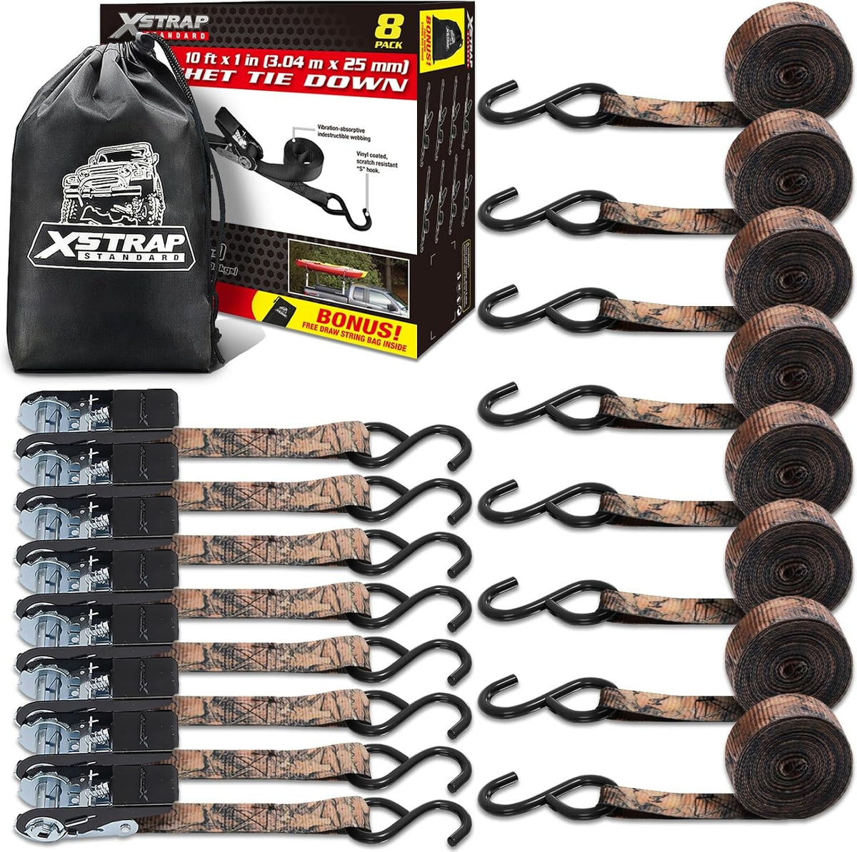 XS16044-Camouflage 8-PK Ratchet Tie Down Straps, 1" x 10FT Cargo Straps, Black 900 Lbs Break Strength Securing Straps with S-Hook for UTV, ATV, Pickup,Truck, Moving Appliances, Lawn Equipment（副本）