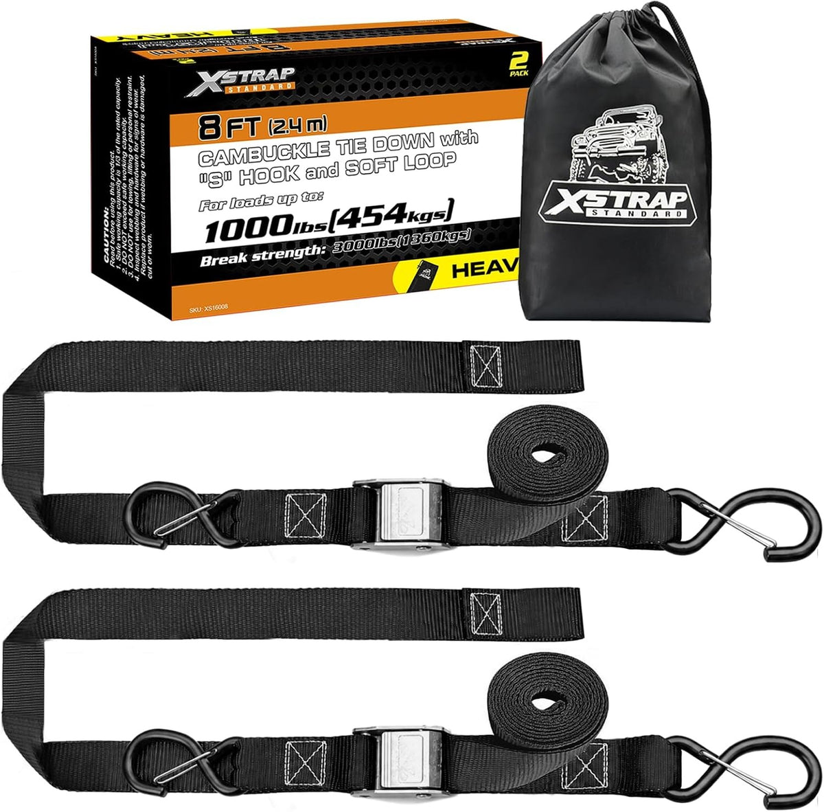 XS16008 2-PK Motorcycle Straps Cambuckle Tie Down 1.5" X 8FT, Black 3000lb Break Strength Heavy-Duty Handlebar Straps, Safety S-Hooks & Soft Loops for Dirt Bike, ATV, Boat & Kayak