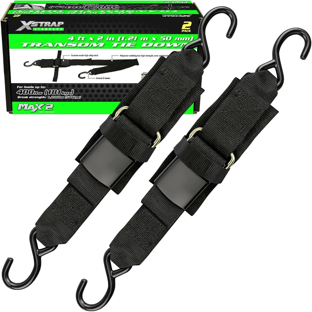 XS16037 2PK 2"x48" Boat Trailer Transom Straps Adjustable Tie-Down, 1200 LBS Capacity Securely Moving Straps For Boat, Jet Ski and Pontoon, Weather-Resistant Webbing, Anti-Scratch Hooks