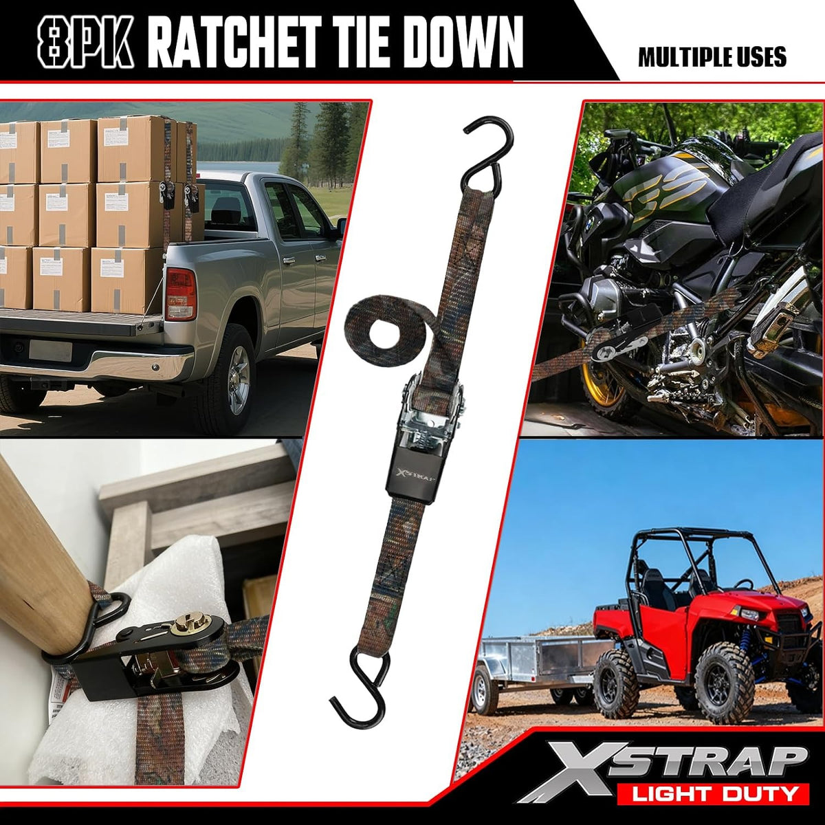 XS16044-Camouflage 8-PK Ratchet Tie Down Straps, 1" x 10FT Cargo Straps, Black 900 Lbs Break Strength Securing Straps with S-Hook for UTV, ATV, Pickup,Truck, Moving Appliances, Lawn Equipment（副本）