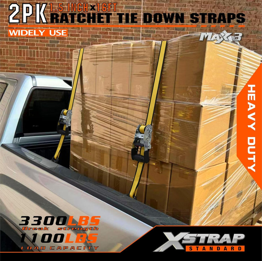 XS16092-2Y 2 Pack 1.5" x 16Ft Ratchet Tie Down Straps w/Double J Hook 3,300 lb Break Strength, Heavy Duty Tie Down Straps for ATV, UTV, Truck, Motorcycle & Cargo Hauling, , Kayak, Trailer, Yellow