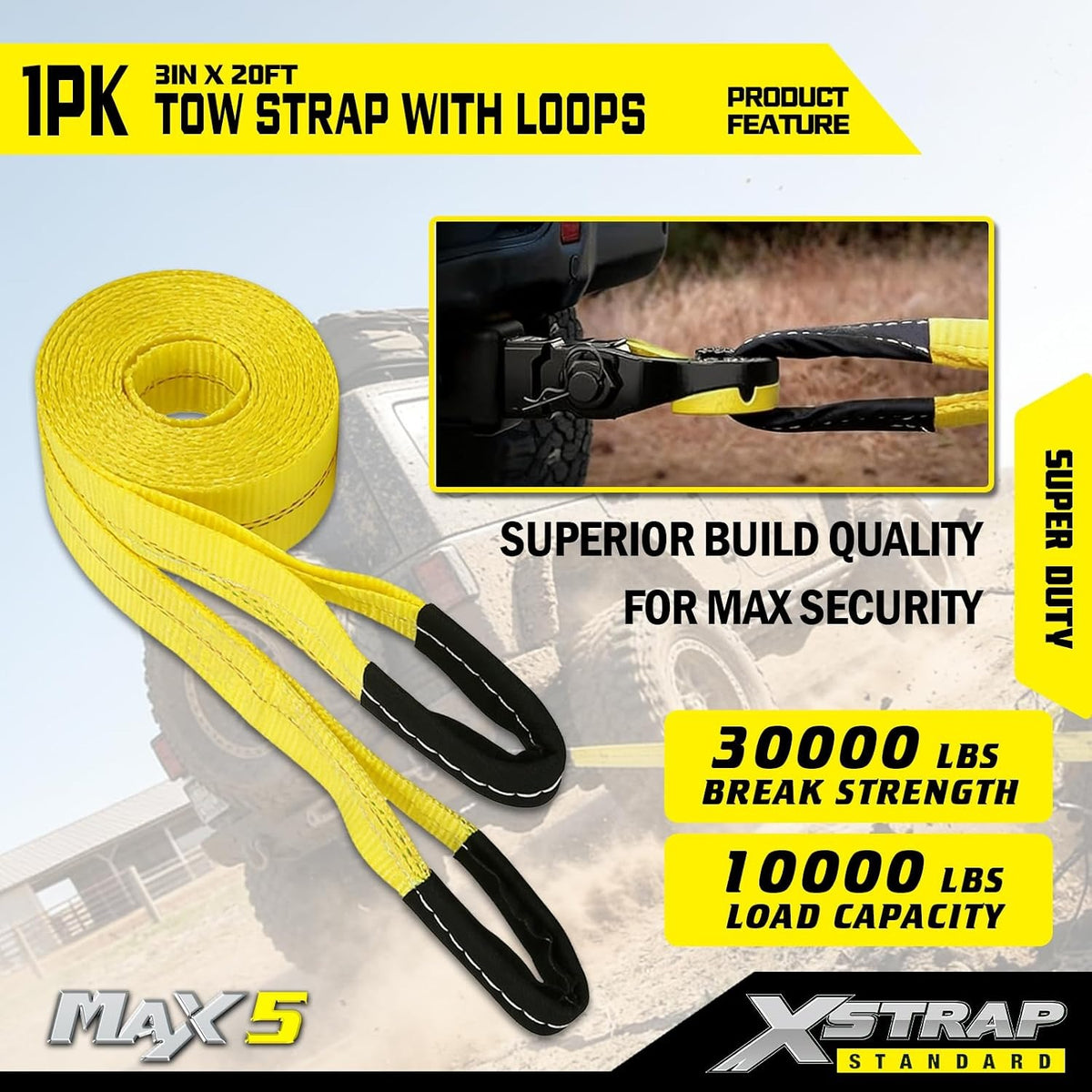 XS61907 Heavy Duty 3" x 20ft Recovery Snatch Truck Tow Strap 30000 Lb Break Strength, Abrasion Sleeve & Triple Reinforced Loops, Emergency Towing Strap for Off-Road, SUV and Jeep