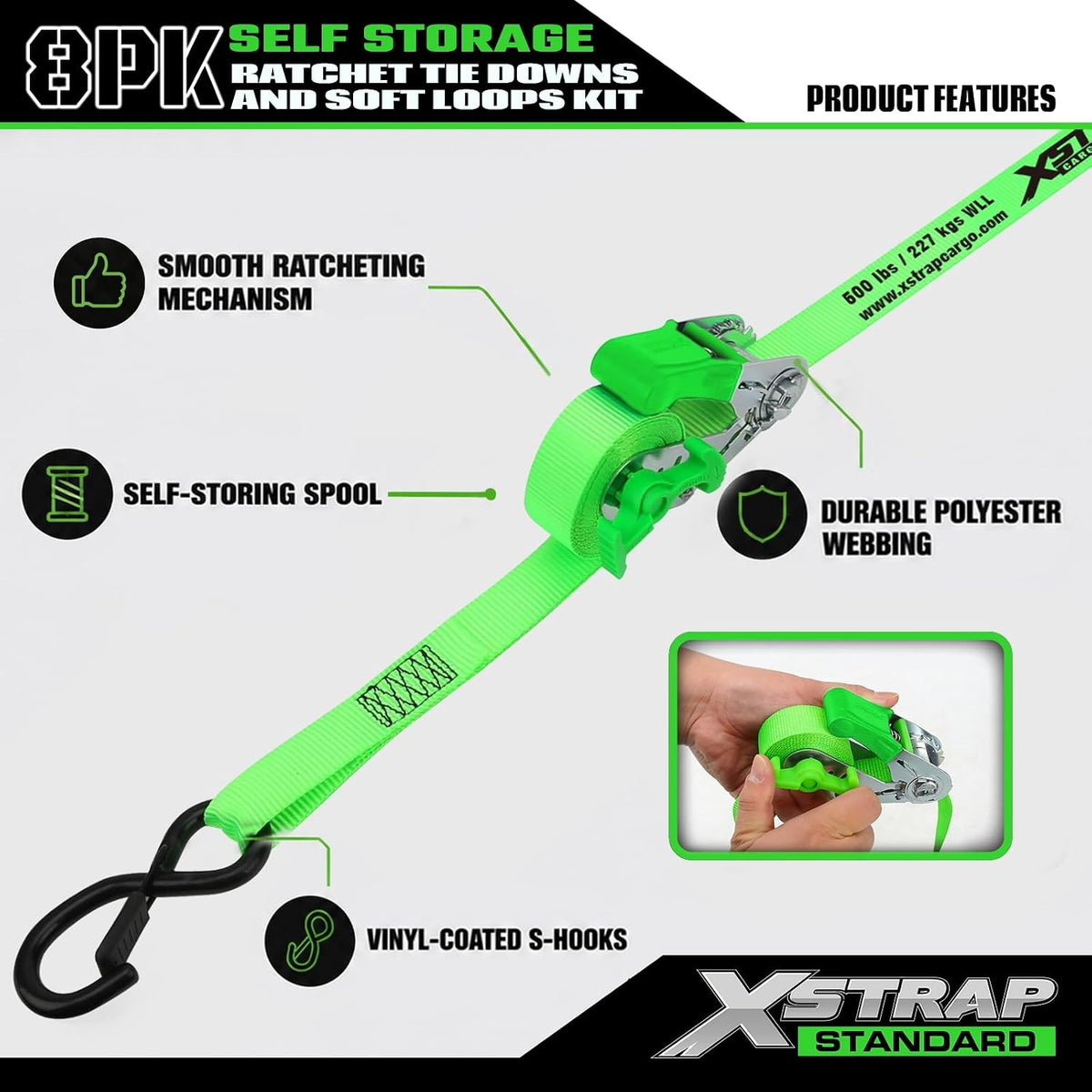 X61169 4-PK 1" x 15ft Self-Storing Ratchet Tie Down Straps, Green 1500 lbs Break Strength Hand Crank Cargo Straps with Soft Loops & Safety S Hooks for Truck Trailer Motorcycle Van ATV UTV