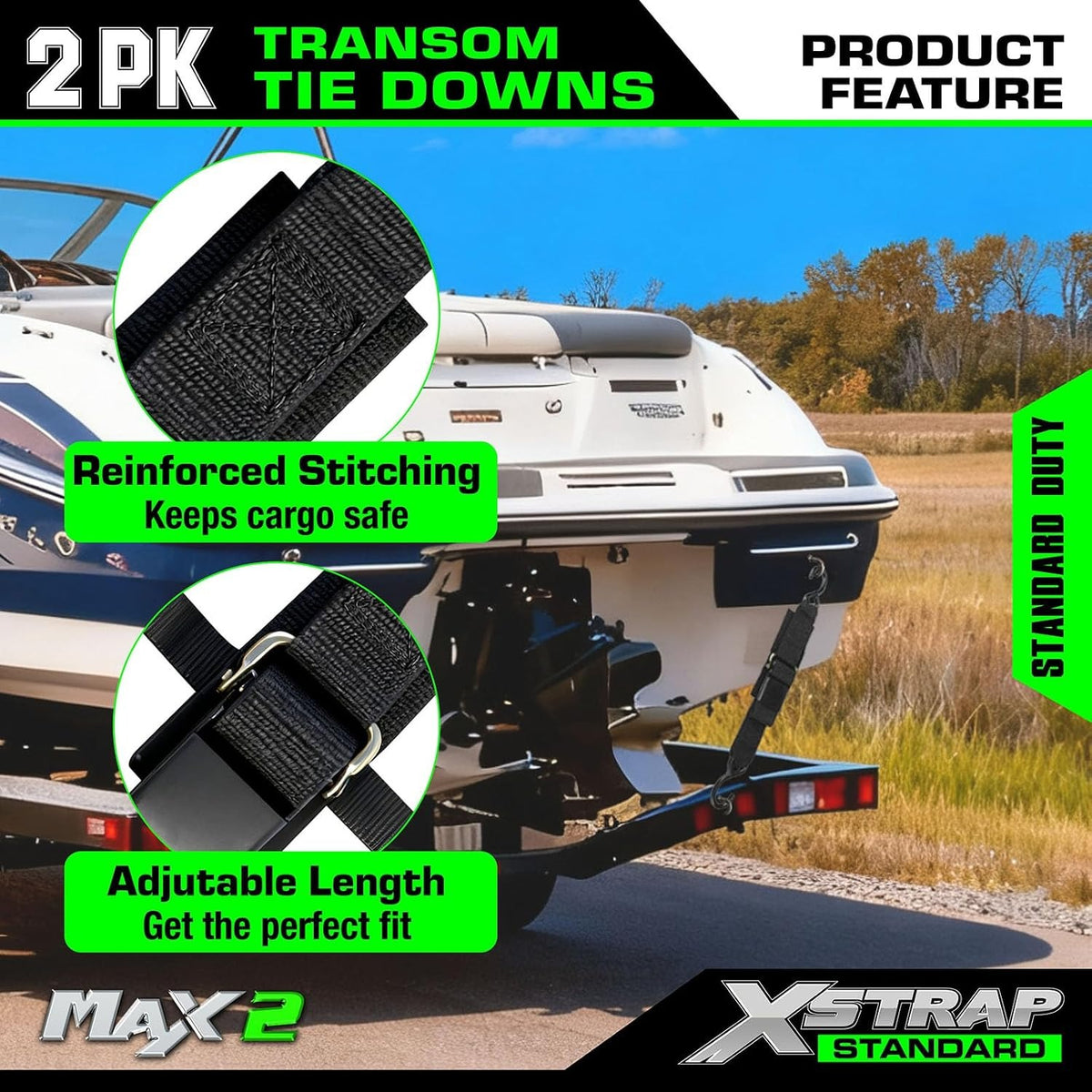 XS16037 2PK 2"x48" Boat Trailer Transom Straps Adjustable Tie-Down, 1200 LBS Capacity Securely Moving Straps For Boat, Jet Ski and Pontoon, Weather-Resistant Webbing, Anti-Scratch Hooks