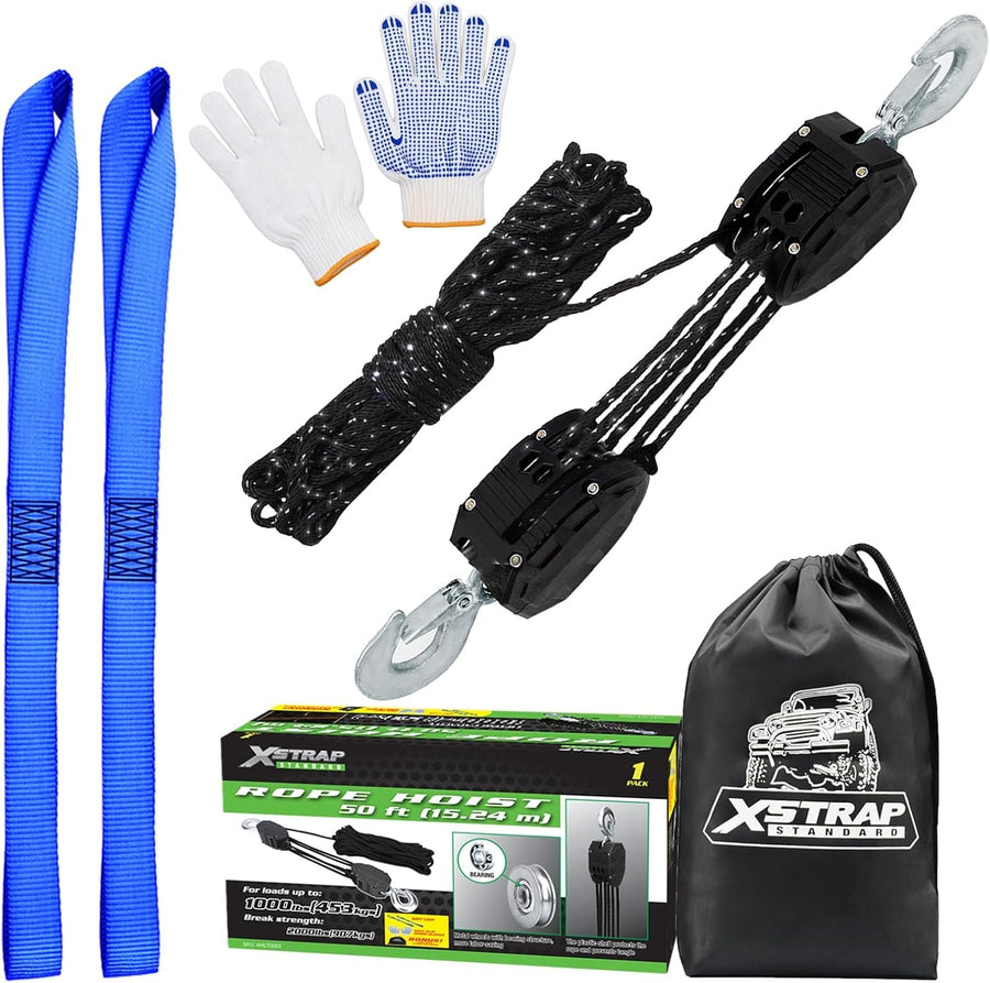 AHLT0003-Reflective 50FT Reflective Rope Hoist Pulley Block & Tackle 5:1 System 1000 Working Load, 2000 LB Break Strength, 50 FT Rope Hoist with 2 Soft Loops for Garage, Hunting & DIY Attic Lift