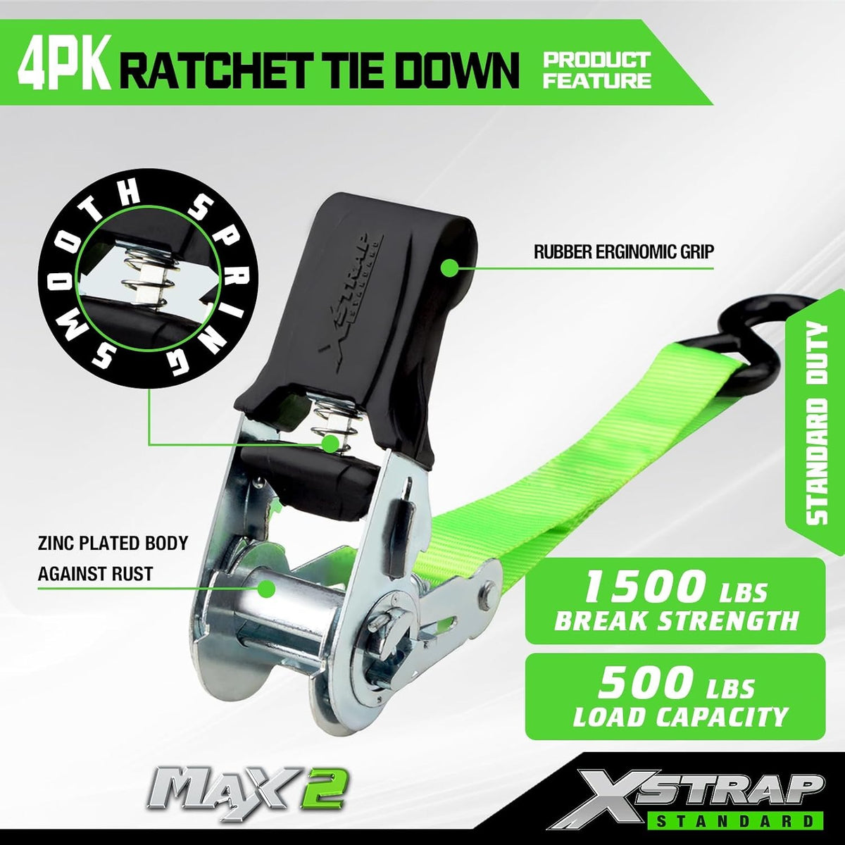 XS16019 4 Pack 1" x 15FT Ratchet Tie Down Straps, Motorcycle Straps, 1500Lbs Break Strength, Abrasion-Resist Webbing with Coated S Hook for Moving Appliances, Lawn Equipment, ATV, Truck, Green