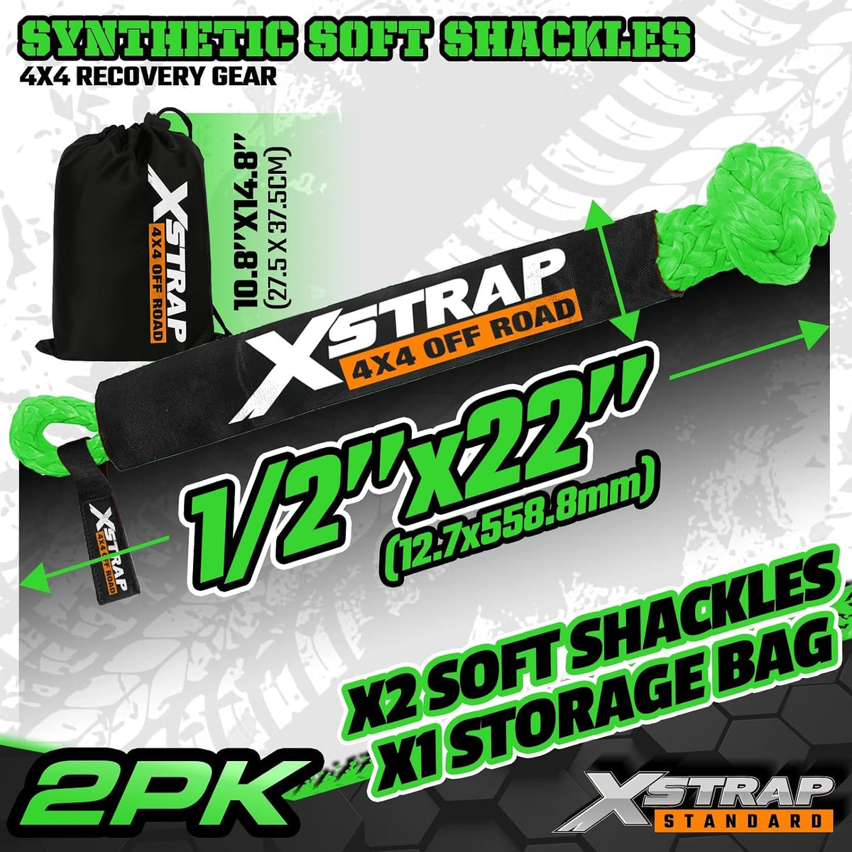 XS16094-Green Soft Shackle 2 Pack - 1/2” x 22” 46000 Lbs Tow Recovery, Synthetic Shackle Rope, Heavy Duty Recovery Gear for Towing, Winch, Jeep, ATV, UTV, Truck, Off-Road (Green)