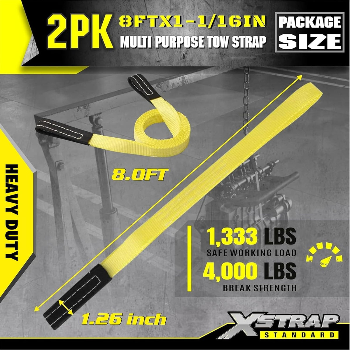 XS16018 2PK 1"x8' Lift Sling Straps Wear Guard End Heavy Duty Strap 4,000 lbs Break Strength Lifting Straps with 2 Reinforced Loops for Tree Saver Lifting Furniture Appliances Machine, hoisting