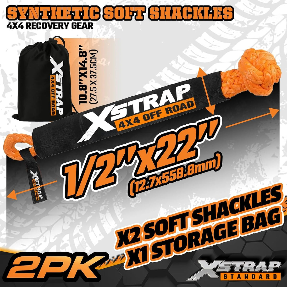 XS16094-Orange Soft Shackle 2 Pack - 1/2” x 22” 46000 Lbs Tow Recovery, Synthetic Shackle Rope, Heavy Duty Recovery Gear for Towing, Winch, Jeep, ATV, UTV, Truck, Off-Road (Orange)