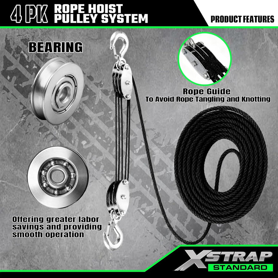 AHLT0001 Heavy-Duty 2,000 LB Breaking Strength 50 FT Rope Hoist 1000Lbs work load, metal wheel bearing pulley for lifting heavy objects, includes 2 soft loops, heavy-duty rope hoist (Black)